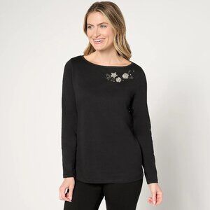 BEAUTIFUL by Lawrence Zarian Embellished Long-Sleeve Knit Top - Black Sz M a6715